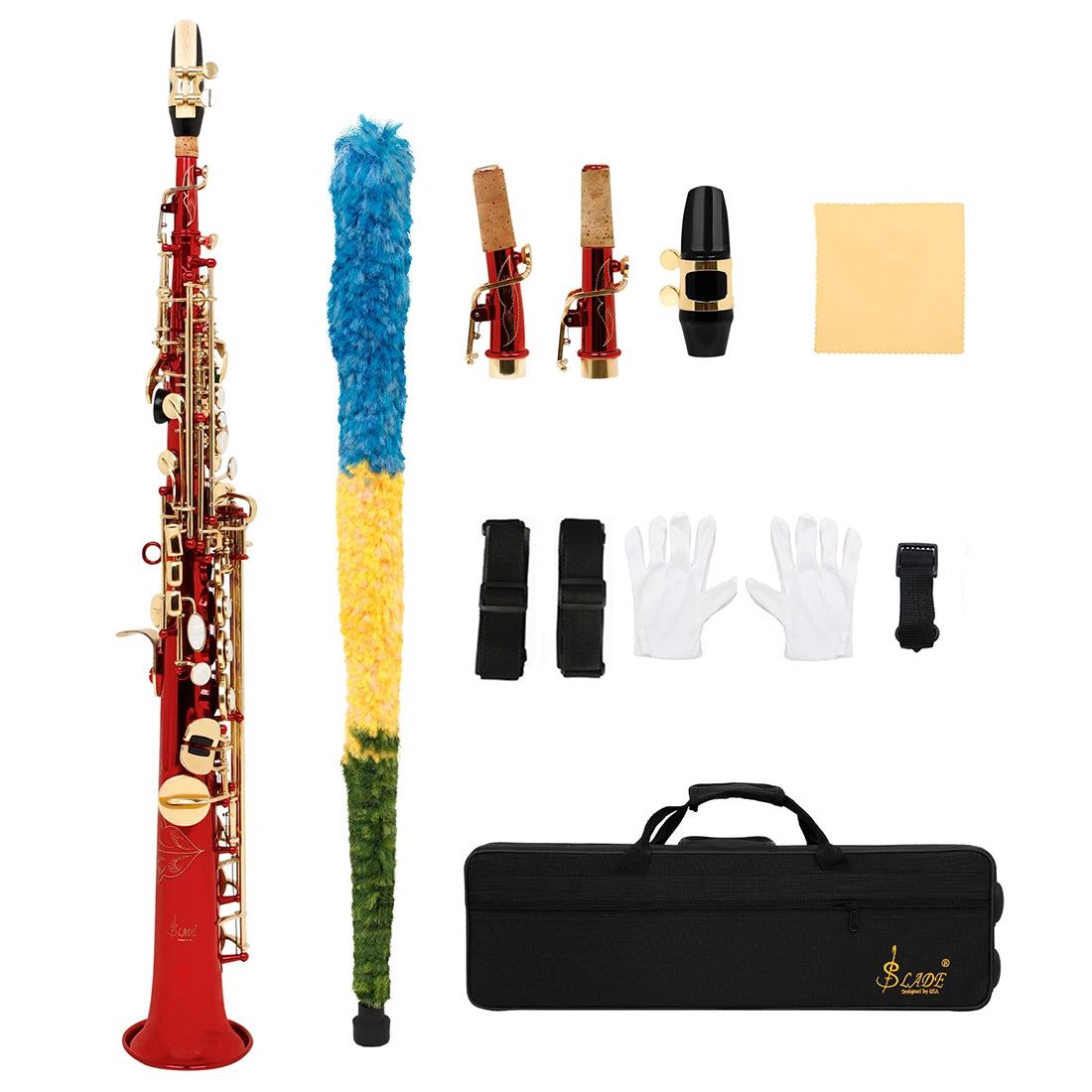 Multicolor Brass Straight Soprano Saxophone Bb B Flat Woodwind Instrument Saxofone with Carrying Case Gloves Cleaning Cloth Part