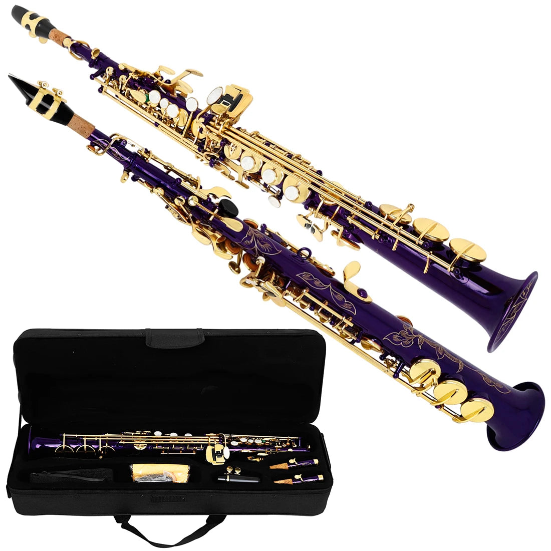 Multicolor Brass Straight Soprano Saxophone Bb B Flat Woodwind Instrument Saxofone with Carrying Case Gloves Cleaning Cloth Part