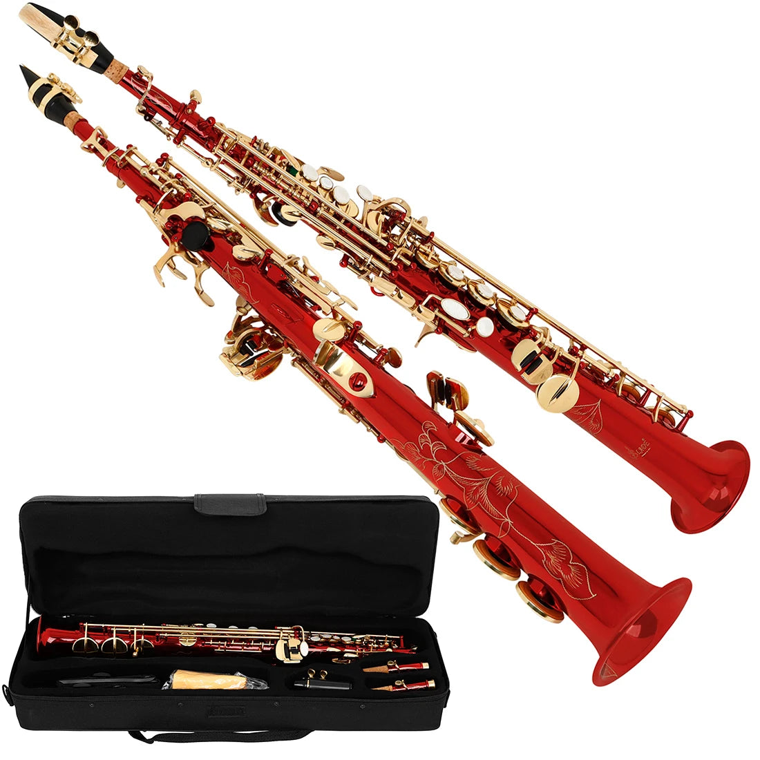 Multicolor Brass Straight Soprano Saxophone Bb B Flat Woodwind Instrument Saxofone with Carrying Case Gloves Cleaning Cloth Part