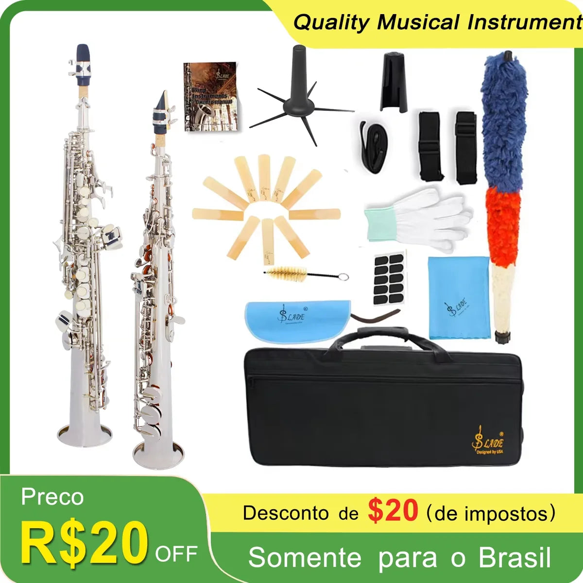 Multicolor Brass Straight Soprano Saxophone Bb B Flat Woodwind Instrument Saxofone with Carrying Case Gloves Cleaning Cloth Part