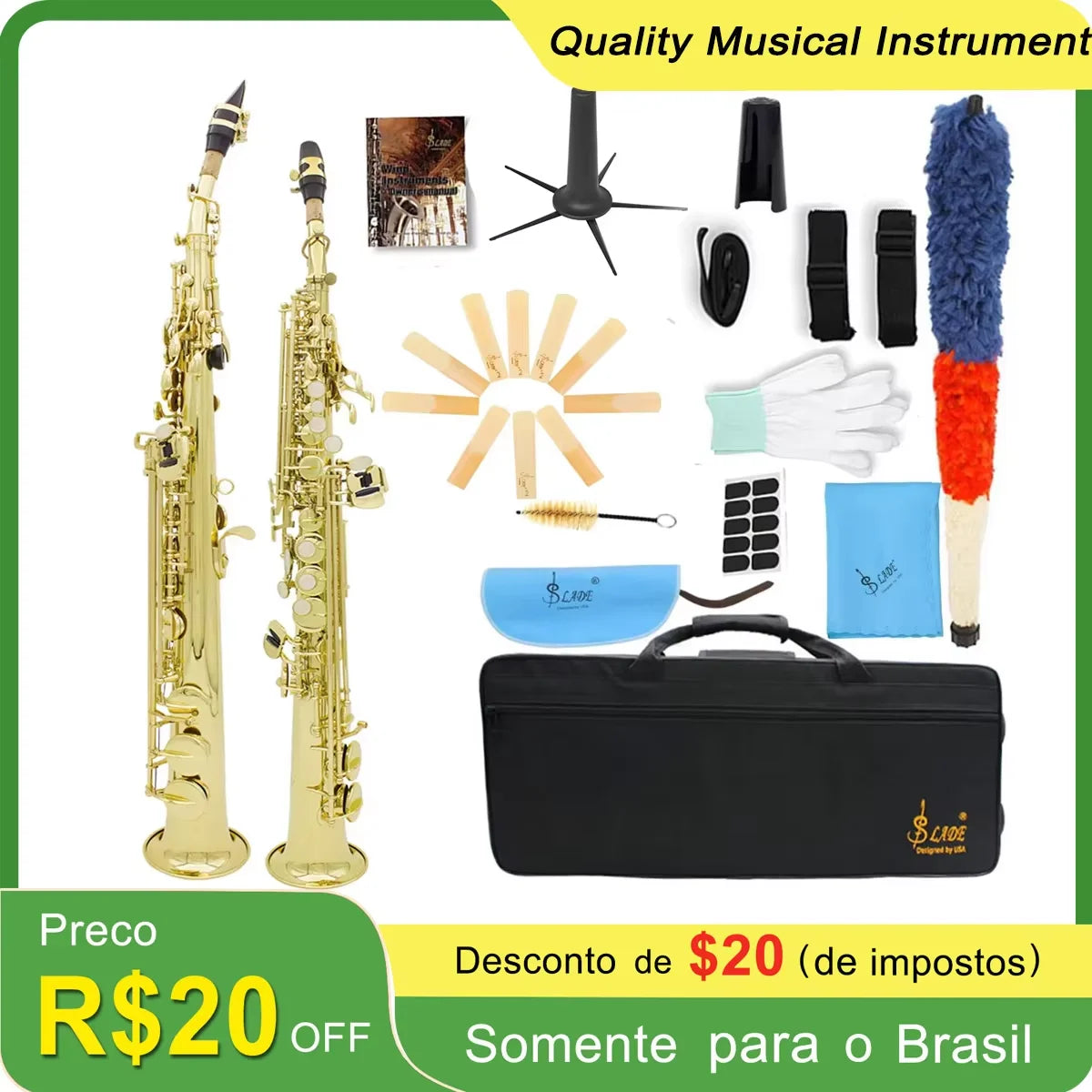 Multicolor Brass Straight Soprano Saxophone Bb B Flat Woodwind Instrument Saxofone with Carrying Case Gloves Cleaning Cloth Part