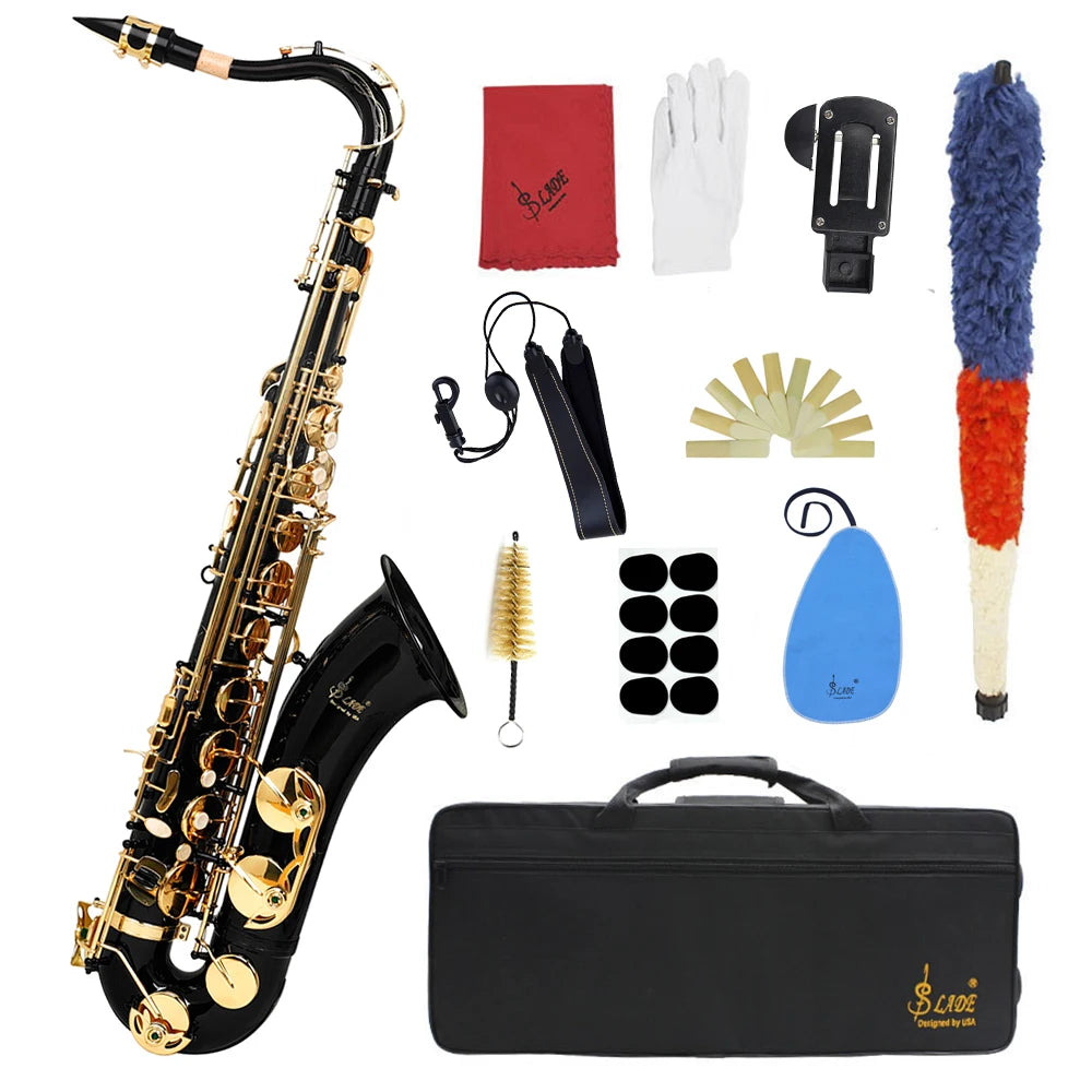 SLADE Bb Tenor Saxophone Professional Brass Sax Woodwind Instrument Saxofone with Case Reeds Strap Cleaning Set Accessories