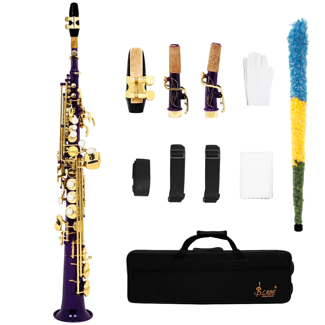 Multicolor Brass Straight Soprano Saxophone Bb B Flat Woodwind Instrument Saxofone with Carrying Case Gloves Cleaning Cloth Part