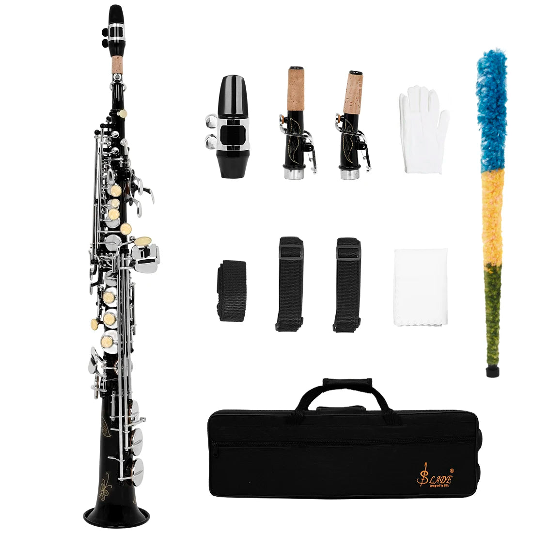 Multicolor Brass Straight Soprano Saxophone Bb B Flat Woodwind Instrument Saxofone with Carrying Case Gloves Cleaning Cloth Part