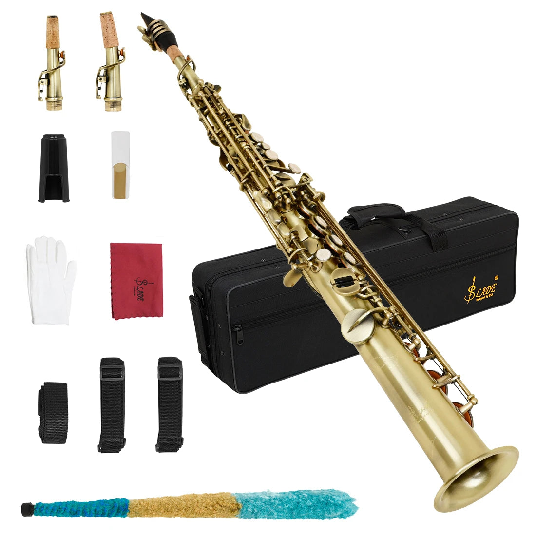 Multicolor Brass Straight Soprano Saxophone Bb B Flat Woodwind Instrument Saxofone with Carrying Case Gloves Cleaning Cloth Part