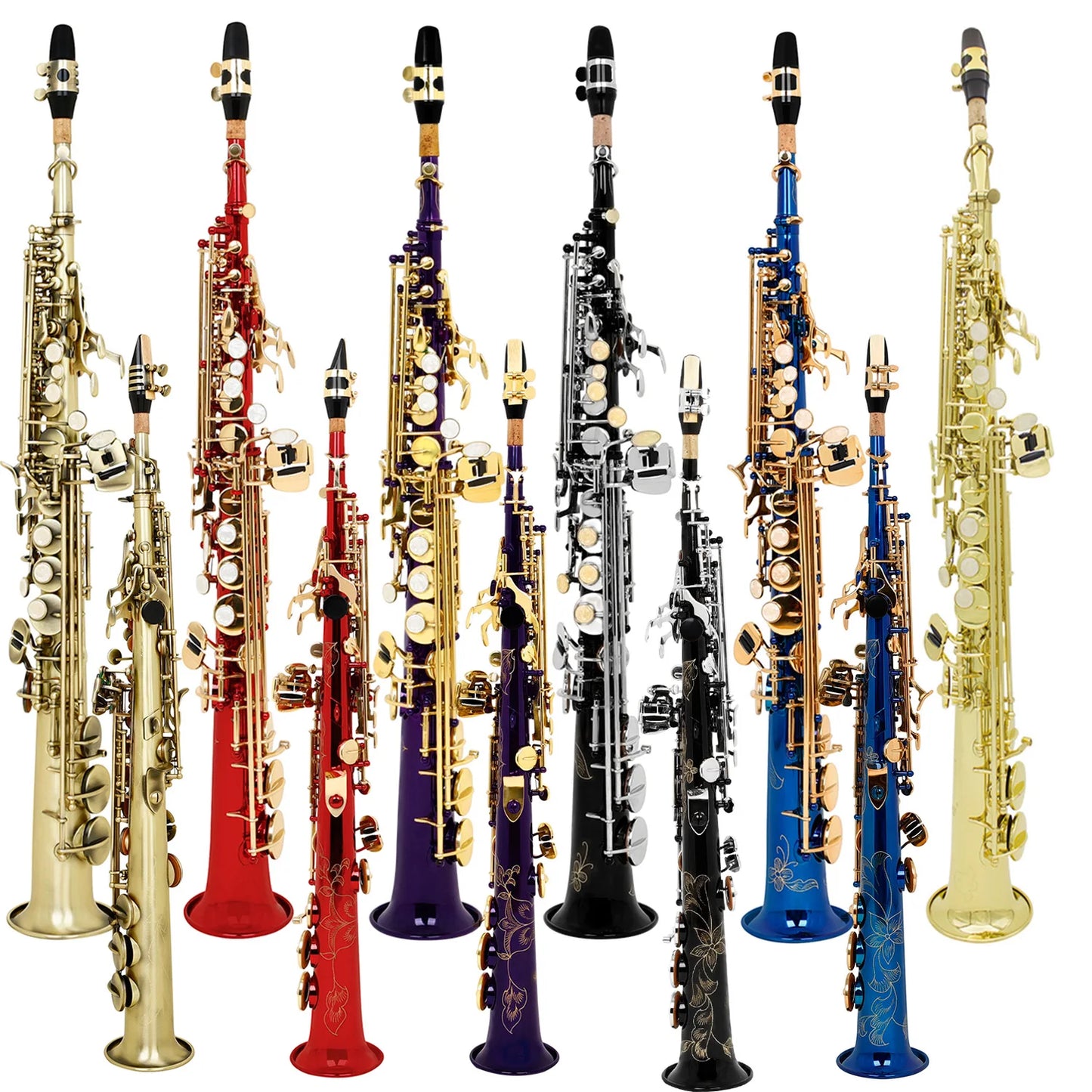 Multicolor Brass Straight Soprano Saxophone Bb B Flat Woodwind Instrument Saxofone with Carrying Case Gloves Cleaning Cloth Part