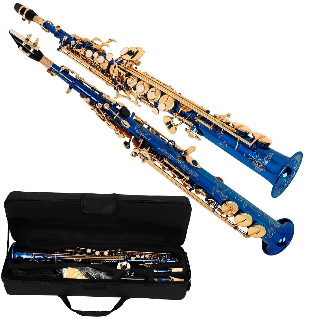 Multicolor Brass Straight Soprano Saxophone Bb B Flat Woodwind Instrument Saxofone with Carrying Case Gloves Cleaning Cloth Part