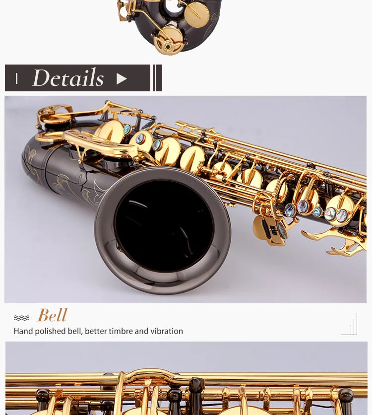 High Quality Black Nickel Gold Lacquer Tenor Saxophone Bb Tone Hand Engraved Brass Body Saxofon Tenor